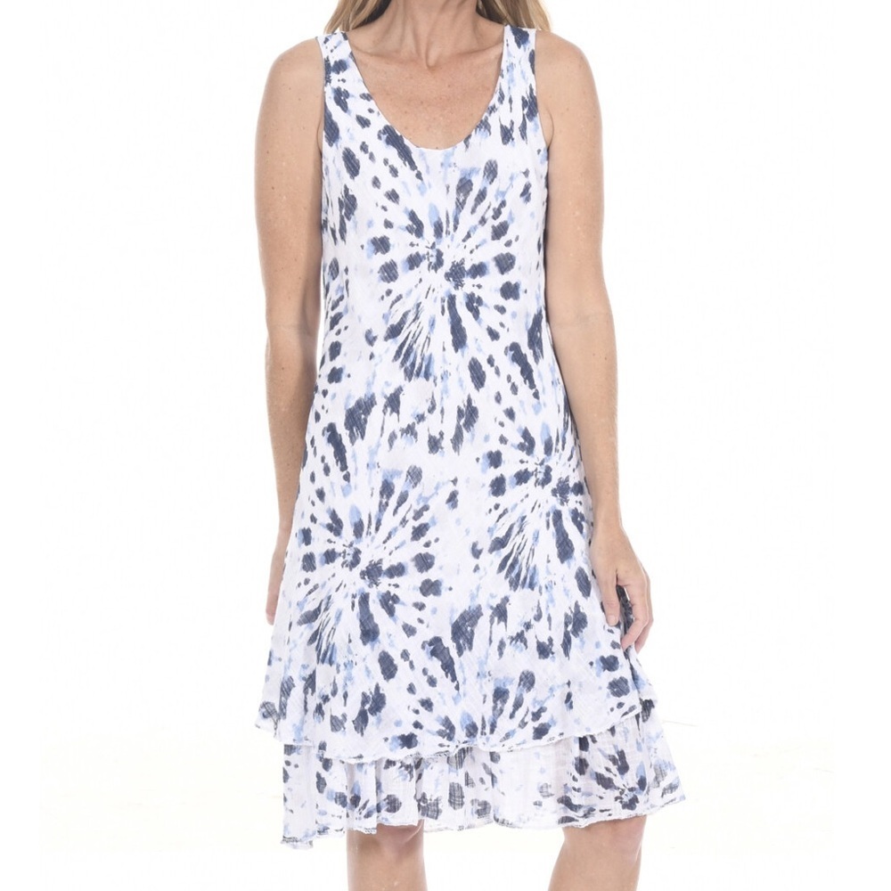 TEMPO PARIS Italian Tiered Tank Dress Cotton Blend White Indigo Tie Dye Medium - Picture 6 of 6